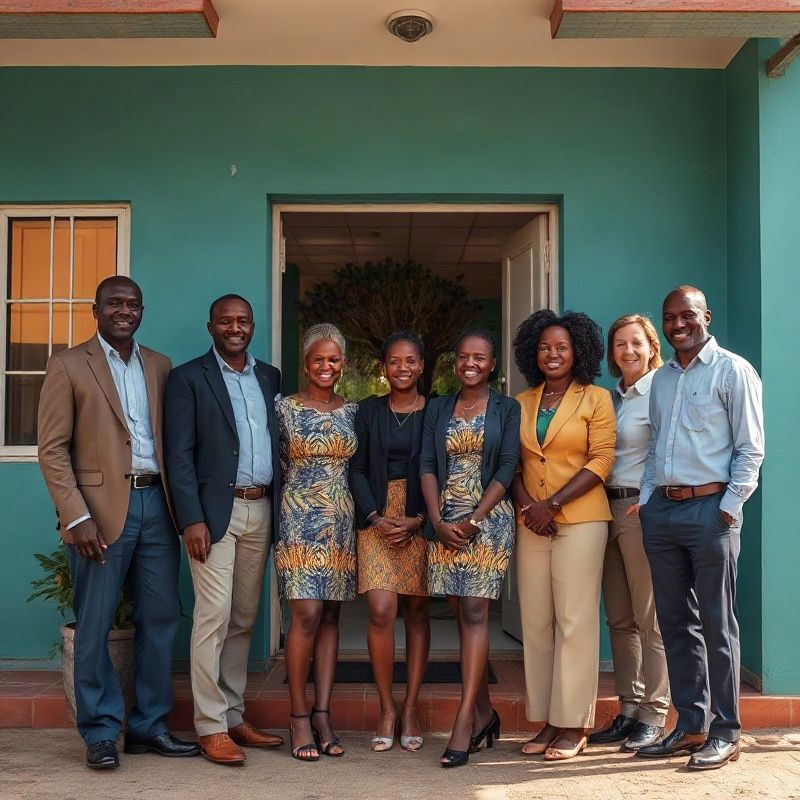 Group portrait of the Riverdcloud team of eight standing outside a teal-accented office entrance in Kakamega