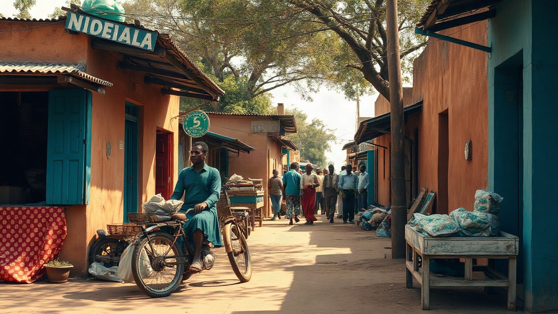 A busy community market street in Kakamega under golden equatorial light