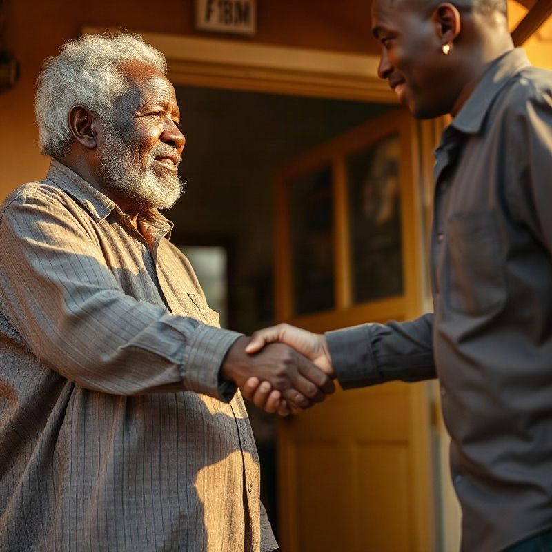 Handshake between a local Kakamega business owner and a Riverdcloud team member outside an ochre-walled office